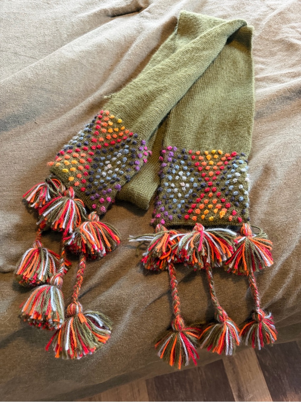 Handmade Olive Green Knit Scarf with Colorful Tassels